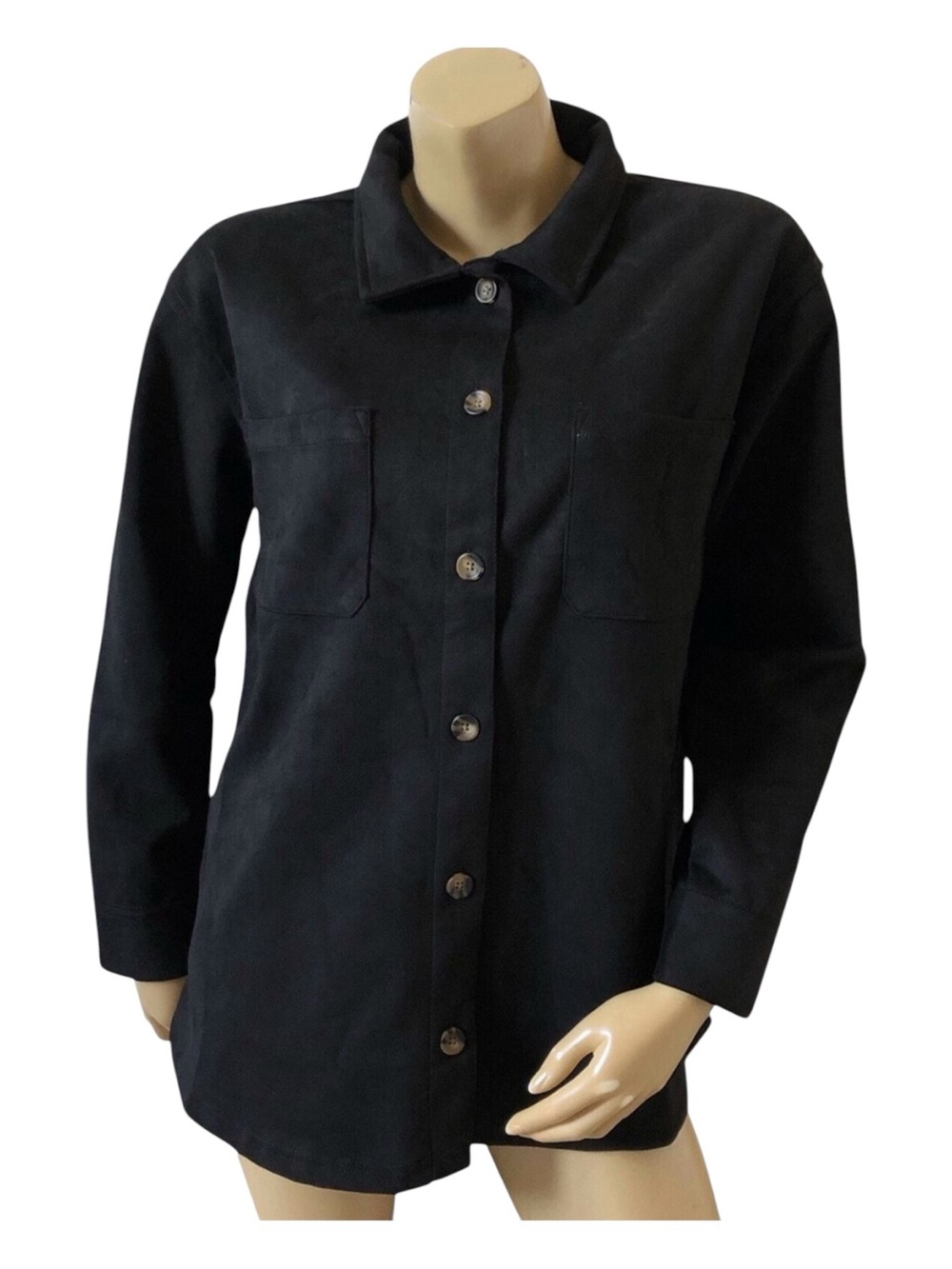 Berkley Jensen Button Up Shirt Womens M Black Faux Suede Long Sleeve Collared